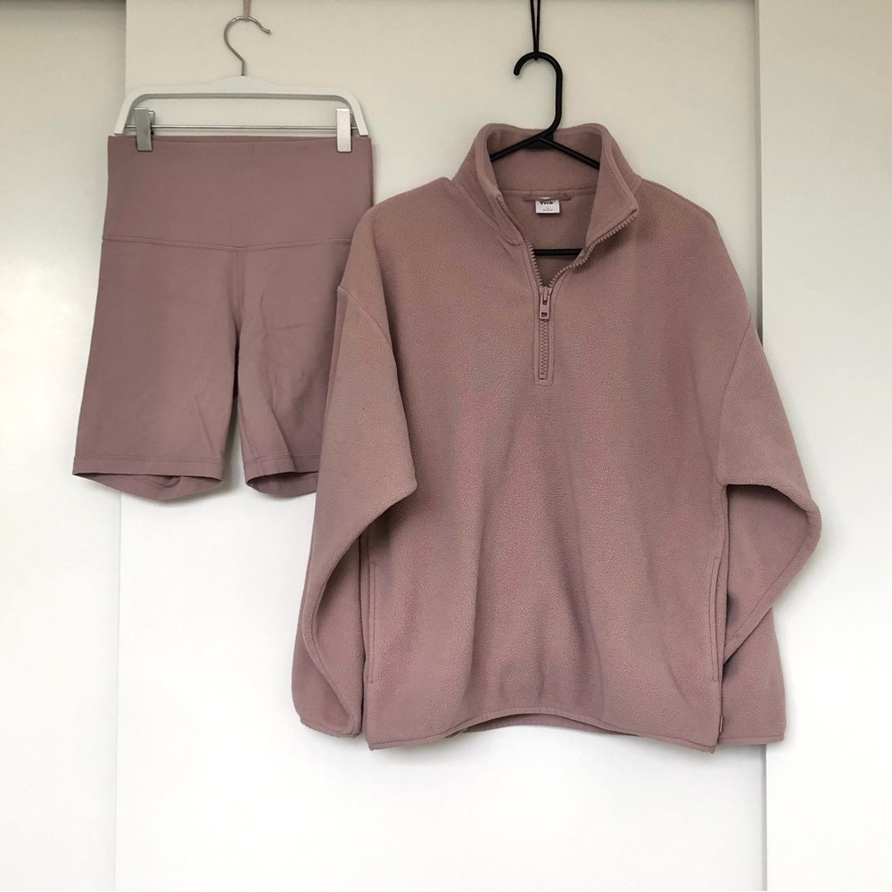 ARITZIA Mauve Quarter-Zip Fleece Pullover Sweater & Butter Shorts Set